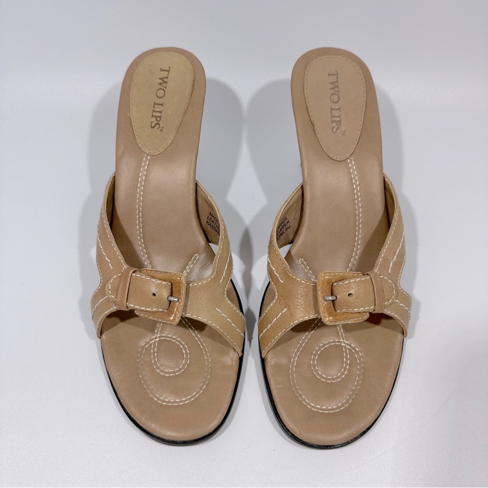 Y2K Two Lips Vintage Tan Leather Kassandra Buckle Heels Sandals 8 Neutral